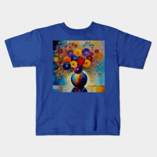 Colorful Floral Still Life Painting in a Blue Vase Kids T-Shirt